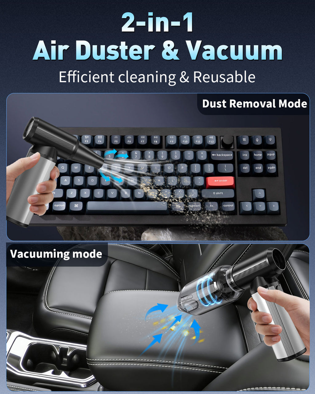 Compressed Air Duster, 2-in-1 Air Duster & Vacuum with 320000RPM Brushless Motor, Electric Air Duster Rechargeable, 3-Gear Adjustable Air Blower for Keyboard, Computer, Car, Home, Outdoor Cleaning