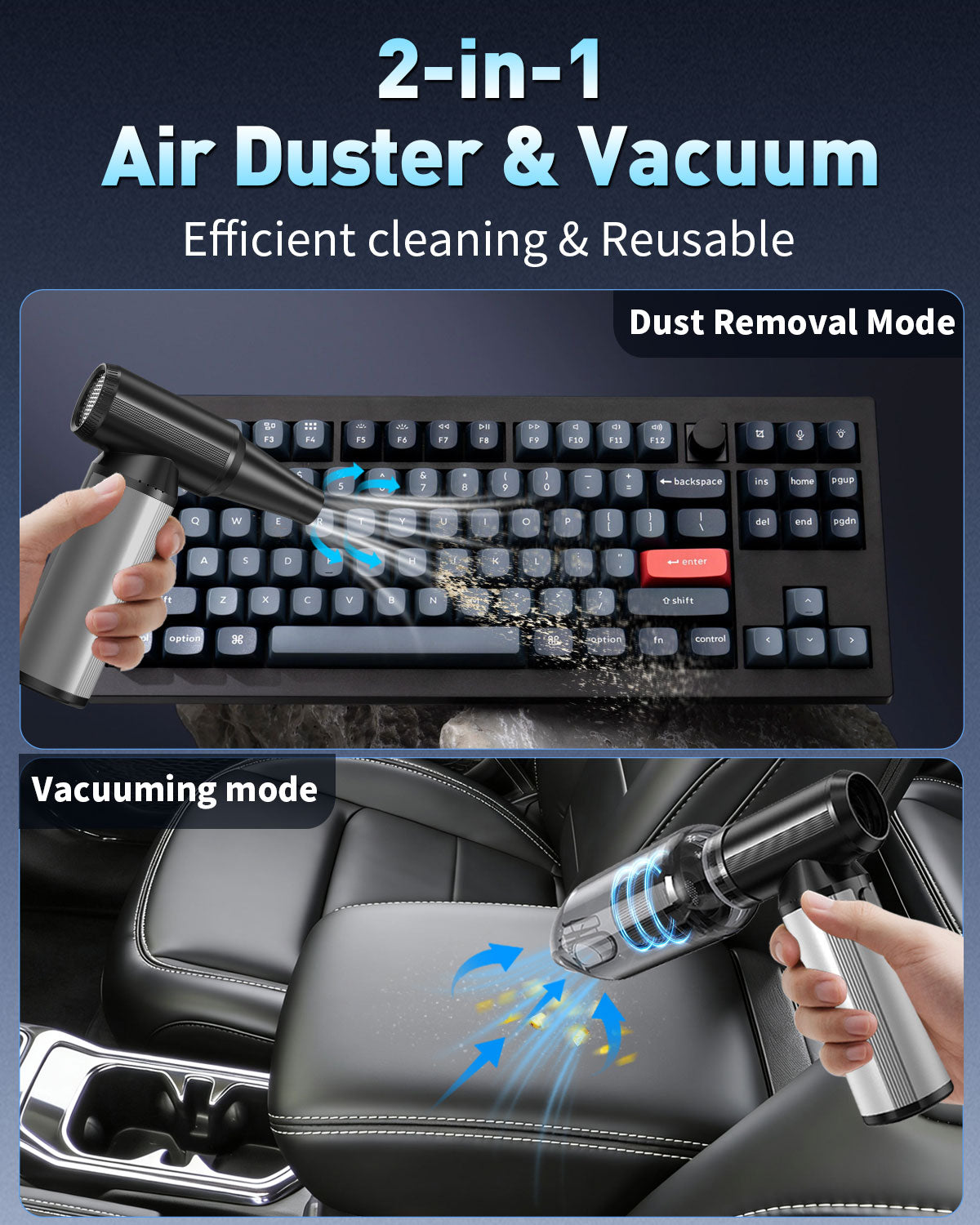 Compressed Air Duster, 2-in-1 Air Duster & Vacuum with 320000RPM Brushless Motor, Electric Air Duster Rechargeable, 3-Gear Adjustable Air Blower for Keyboard, Computer, Car, Home, Outdoor Cleaning