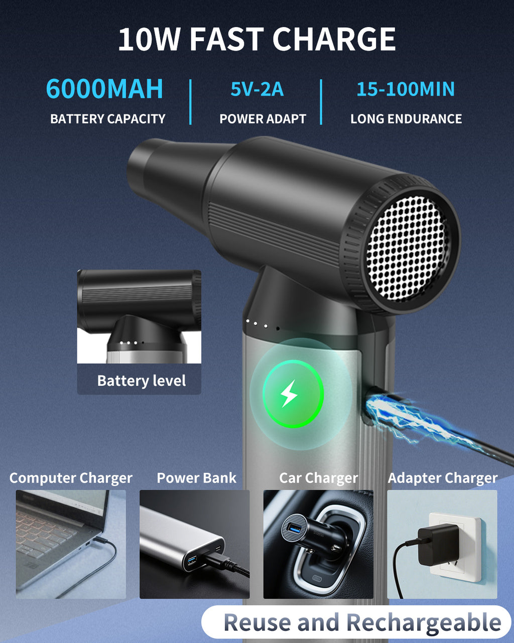 Compressed Air Duster, 2-in-1 Air Duster & Vacuum with 320000RPM Brushless Motor, Electric Air Duster Rechargeable, 3-Gear Adjustable Air Blower for Keyboard, Computer, Car, Home, Outdoor Cleaning