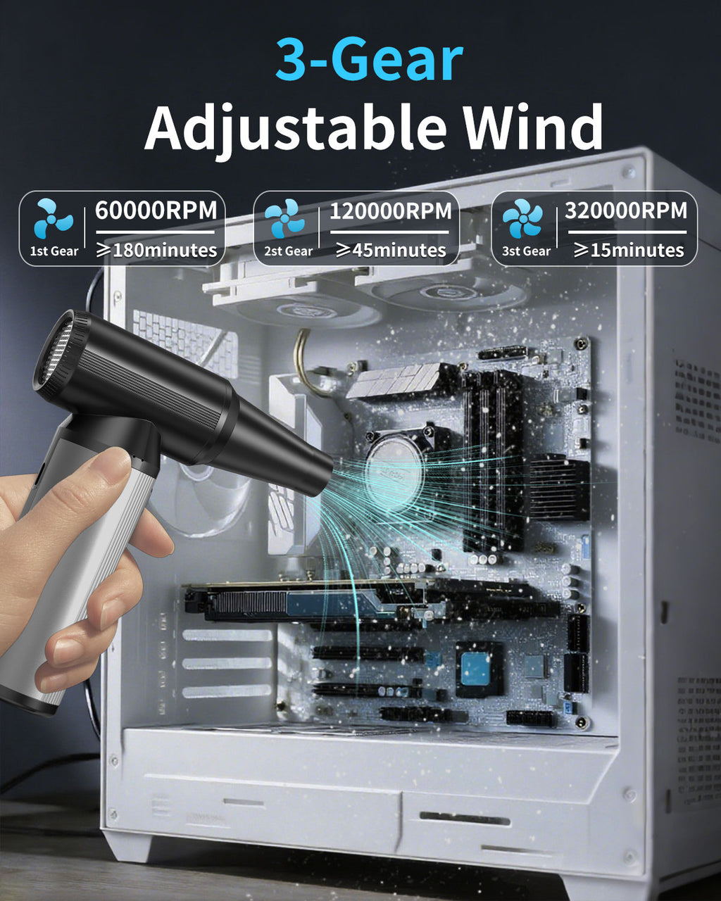 Compressed Air Duster, 2-in-1 Air Duster & Vacuum with 320000RPM Brushless Motor, Electric Air Duster Rechargeable, 3-Gear Adjustable Air Blower for Keyboard, Computer, Car, Home, Outdoor Cleaning
